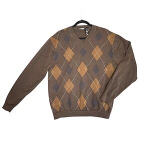 Claiborne Mens V Neck Argyle Sweater Brown Tan XL Cotton Classic Academia Preppy